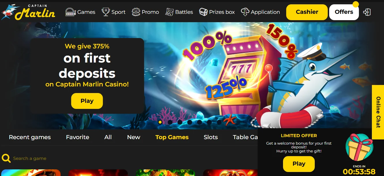 Captain Marlin casino main page